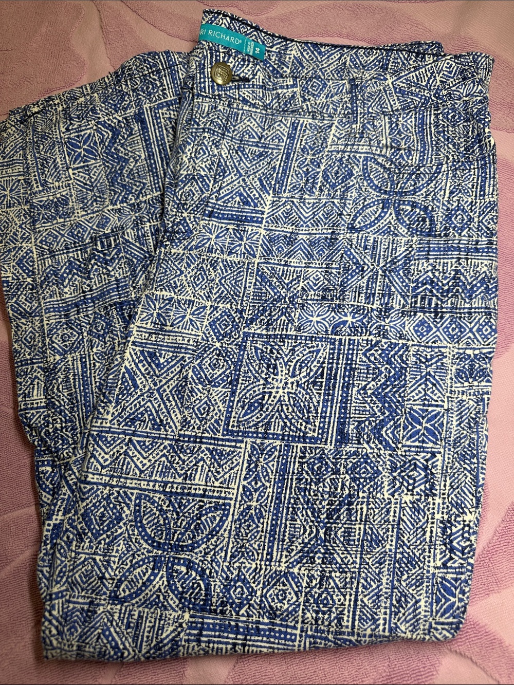 Tori Richard Blue & White Tapa Printed Cotton Pants - Geometric Tile Pattern